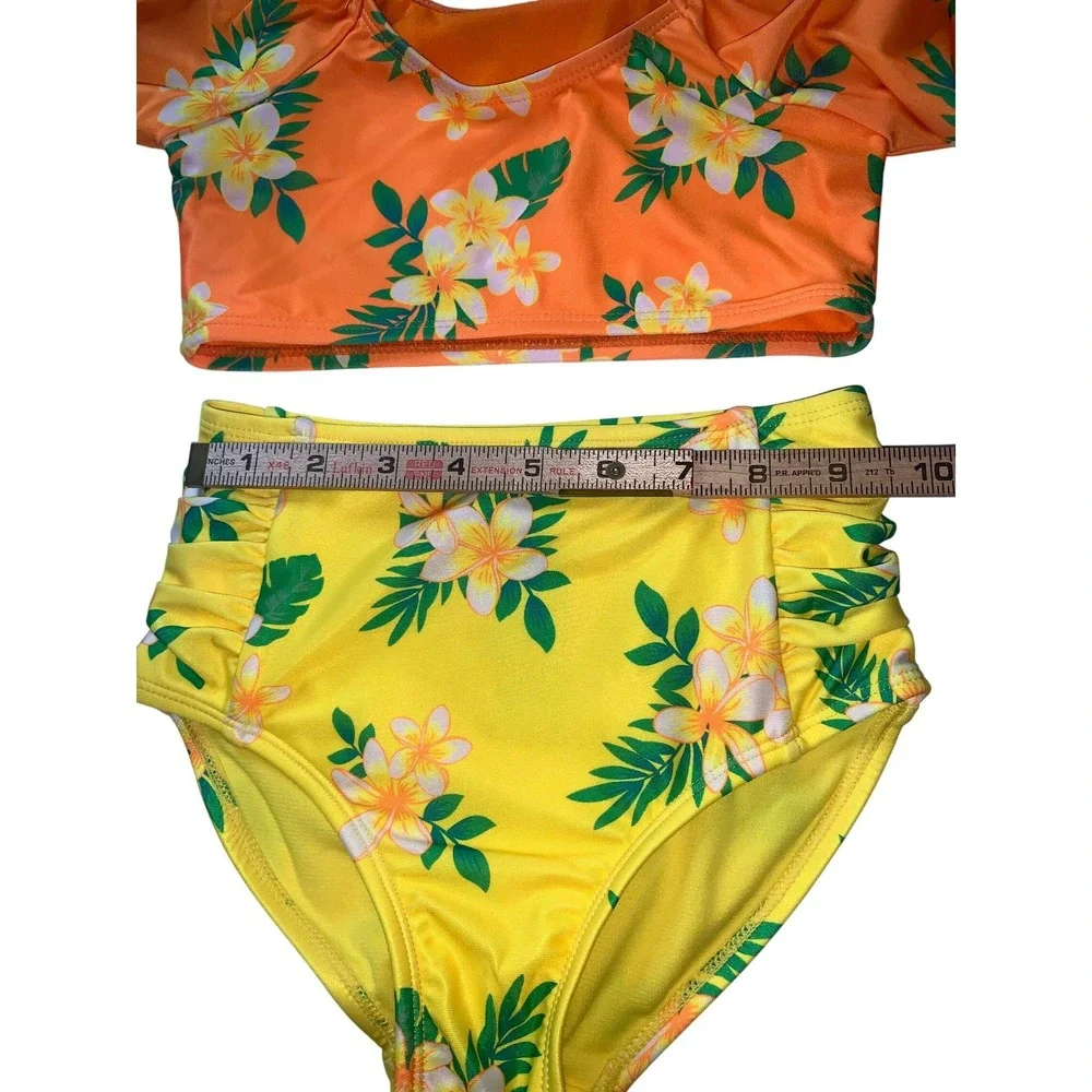 Ocean Gear‎ Girls Orange Yellow Tropical Floral Puff Sleeve Bikini Set Size 6-6X